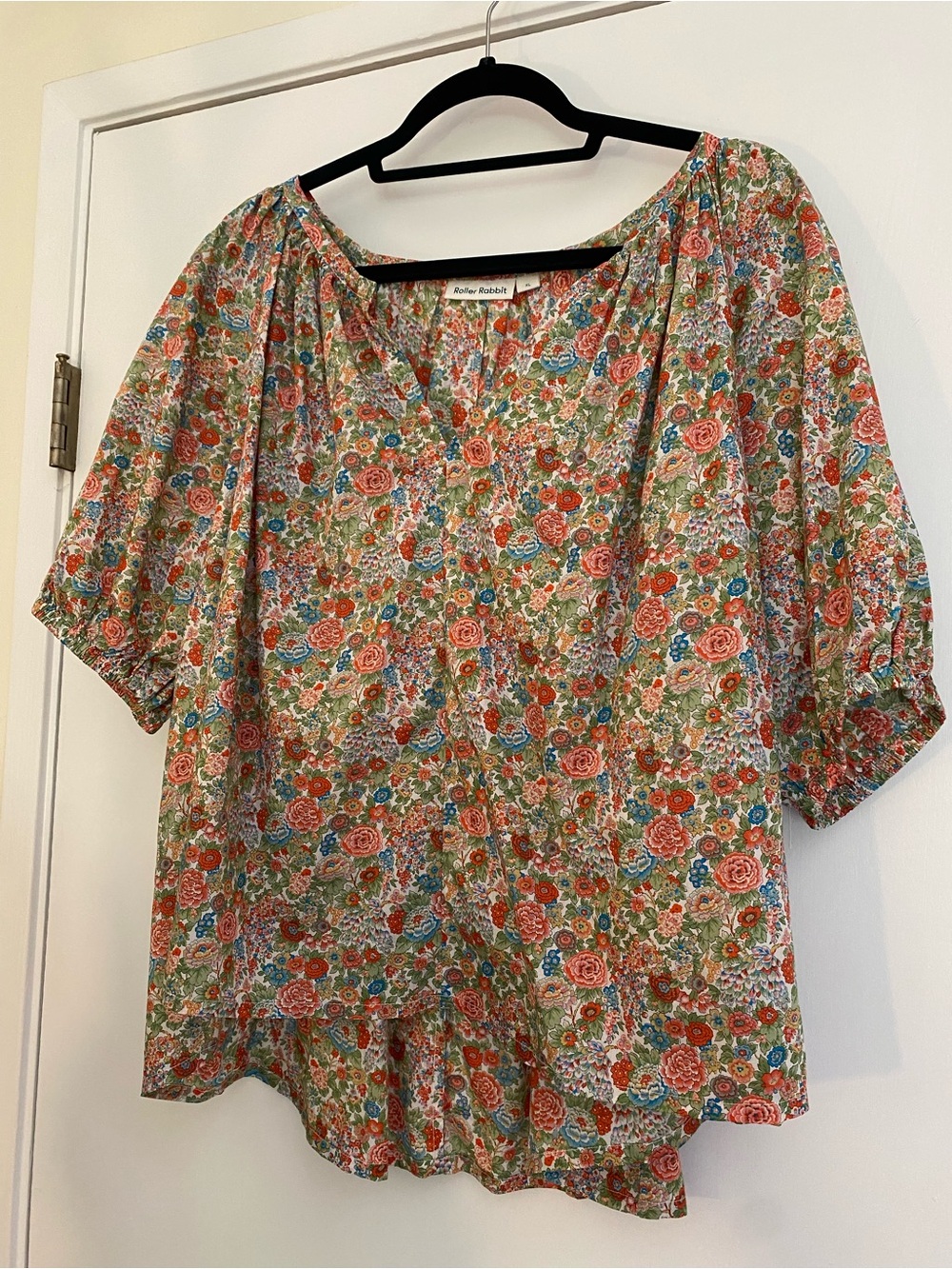 Roller Rabbit Floral Puff-Sleeve Top in Coral, Blue & Green